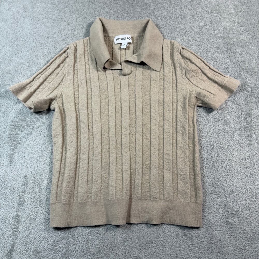 Nordstrom Polo Top Womens Medium Beige Merino Wool Silk Blend Ribbed Casual - Picture 1 of 9